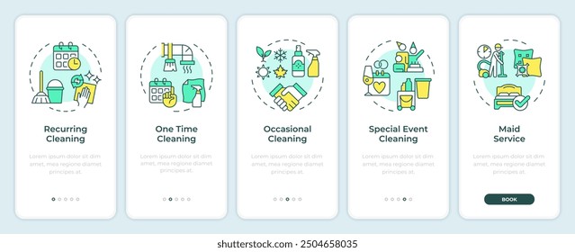 Types of cleaning services onboarding mobile app screen. Walkthrough 5 steps editable graphic instructions with linear concepts. UI, UX, GUI template