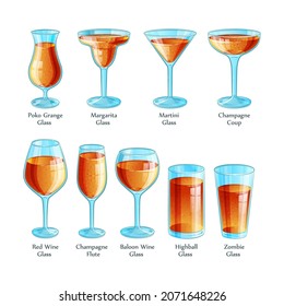 Types of cocktail glasses in color with names on white background. Can use it for menu, labels, flyers and adds