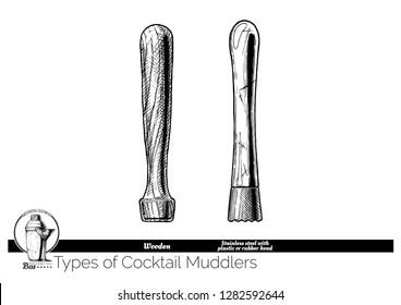 Types of cocktail muddlers. Wooden muddler and Stainless steel with plastic or rubber head. Vector hand drawn illustration of bartending equipment in vintage engraved style. 