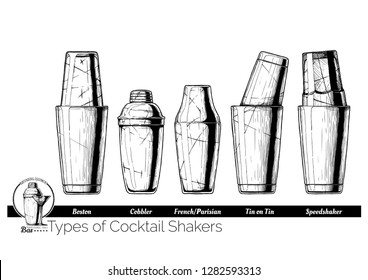 Types of cocktail shakers. Boston, Cobbler shaker, Parisian (French), Tin on Tin and Speedshaker. Vector hand drawn illustration of bartending equipment in vintage engraved style. isolated on white