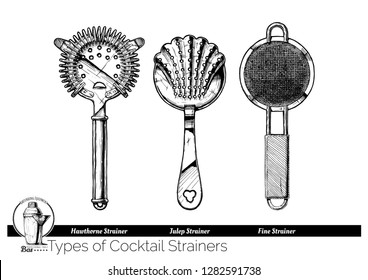 Types of cocktail strainers. Hawthorne, Julep and fine mesh strainer. Vector hand drawn illustration of bartending equipment in vintage engraved style. isolated on white background.