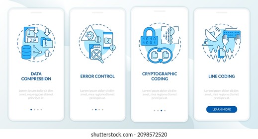 Types of coding blue onboarding mobile app screen. Programmer walkthrough 5 steps graphic instructions pages with linear concepts. UI, UX, GUI template. Myriad Pro-Bold, Regular fonts used