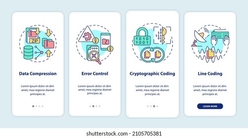 Types of coding onboarding mobile app screen. Software walkthrough 5 steps graphic instructions pages with linear concepts. UI, UX, GUI template. Myriad Pro-Bold, Regular fonts used