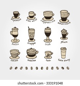 Types of coffee, chalk on black board. Icon and logotype design for coffee shop.  Cappuccino, mocha, espresso, cafe, americano, irish, frappe, chocolate, tea, take away, glace. Drink menu.