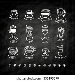 Types of coffee, chalk on black board. Icon and logotype design for coffee shop.  Cappuccino, mocha, espresso, cafe, americano, irish, frappe, chocolate, tea, take away, glace. Drink menu.