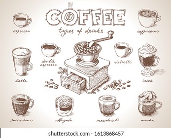 Types of coffee drinks, free hand drawing, sketch style