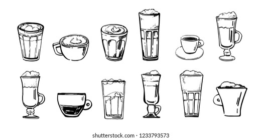 Types of coffee drinks. Hand drawn sketch vector set. Black outline on white background