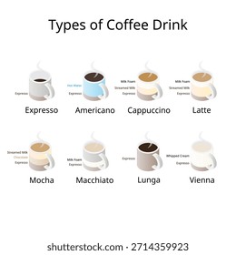 Tipos de bebidas de café e ingredientes Infografía