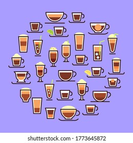 Types of coffee. Hot drinks in glass cups with milk. Espresso, macchiato and latte with cream. Recipe and proportions of making tasty coffee. Composition for restaurant menu or advertisement
