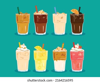 Types of coffee, iced coffees vector illustration. Americano, cappuccino, latte, espresso, americano, mocha, frappuccino, milkshake, lemonade, drip coffee.