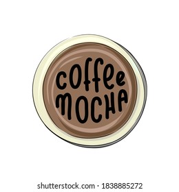 Types of coffee - coffee mocha - hand drawn lettering illustration in a circle cup.