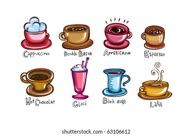 Types of coffee, set of 8 Cups of coffee