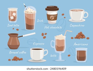 Types of coffee set. Menu of coffee shop. Different hot drinks. Iced latte, espresso and americano. Cappuchino and hot chocolate. Cartoon flat vector collection isolated on blue background