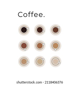 Types of coffee vector illustration. Menu flat style. Coffee guide, set hot drinks different method of preparation. Coffee cups top view. Flat white, latte, cappucino, americano