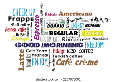 Types of coffee vector illustrations in the text. Cafe menu. Flat style.