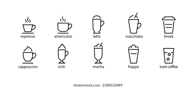 Types of coffee vector line icon set house restaurant shop menu. coffee drinks names cappuccino, espresso frappe latte mocha macchiato break iced irish americano Different types editable stroke