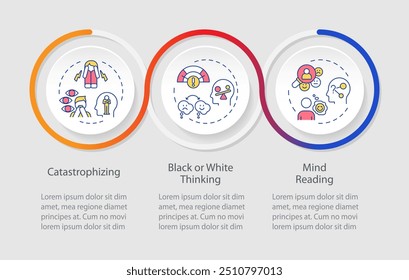 Types of cognitive distortions infographics circles sequence. Psychology, mental issues. Visualization layout with 3 steps. Info chart loop process presentation