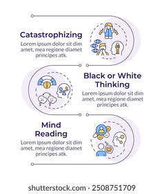 Tipos de síndromes cognitivos secuencia de Vertical infográfica. Salud mental. Melancolía, ansiedad. Infografía de visualización con 3 pasos. Círculos en el flujo de trabajo