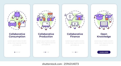 Types of collaborative economy onboarding mobile app screen. Walkthrough 4 steps editable graphic instructions with linear concepts. UI, UX, GUI template