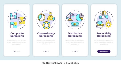 Types of collective bargaining onboarding mobile app screen. Walkthrough 4 steps editable graphic instructions with linear concepts. UI, UX, GUI template
