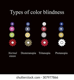 Types of color blindness. Eye color perception. Vector illustration on a black background.