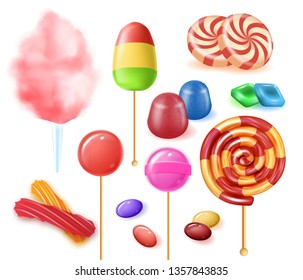 Types Colorful Fruit Candies on White Background. Lollipops Made from Fruit and Berry Puree with Sugar Syrup. Fruit Juice Gummy Candy. Vector Illustration Natural Candies on Fructose and Pectin.