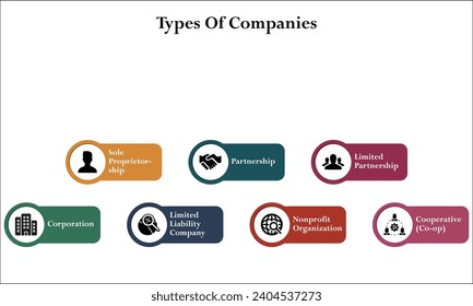 Types of Companies - Sole proprietorship, Partnership, Limited Partnership, Corporation, Limited liability company, Nonprofit Organization, Cooperative. Infographic template with icons