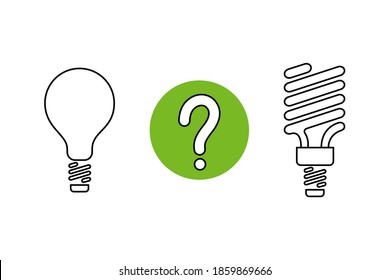 Types and comparison of light bulbs. Rational use and economical use of energy. Contour illustration to indicate light sources.