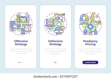 Types of competitive strategies onboarding mobile app screen. Walkthrough 3 steps editable graphic instructions with linear concepts. UI, UX, GUI template