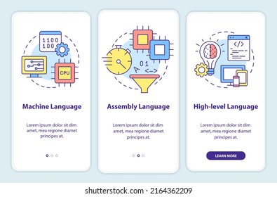 Types of computer languages onboarding mobile app screen. Walkthrough 3 steps graphic instructions pages with linear concepts. UI, UX, GUI template. Myriad Pro-Bold, Regular fonts used