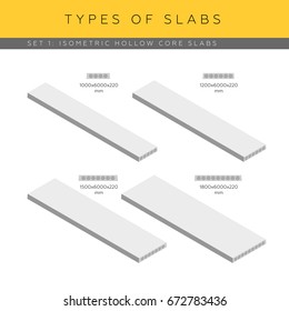 Types of concrete hollow core planks. Set of vector isometric icons