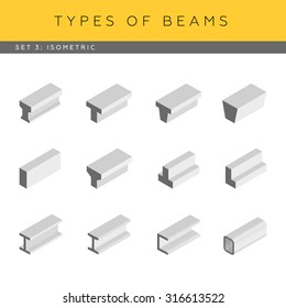 Types of concrete and steel beams. Set of vector architectural blueprints. Isometric view