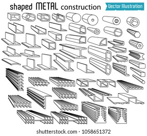 Types Of Concrete And Steel Beams. Vector Set Architectural Blueprints. Elements Of Welding, Materials For Welding. Metal Rolling, Factory Molds, Pipe Production, Channel, Spacer. Vector Illustration