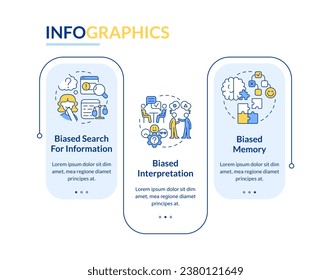 Types of confirmatory bias rectangle infographic template. Data visualization with 3 steps. Editable timeline info chart. Workflow layout with line icons. Lato-Bold, Regular fonts used