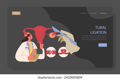 Types of Contraception. Doctor explains tubal ligation as a permanent contraceptive method. Empowering informed reproductive choices. Flat vector illustration