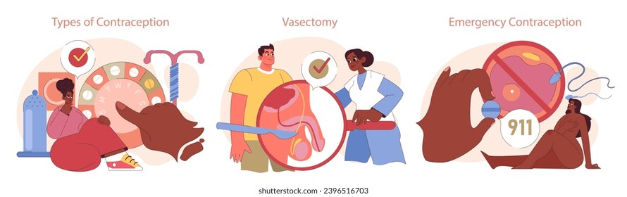 Types of Contraception set. Insightful overview of contraception options including vasectomy and emergency solutions. Empowering informed choices. Flat vector illustration