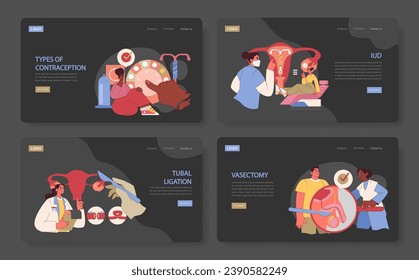 Tipos de web de Anticoncepción o desembarco. Diversos individuos evalúan las opciones anticonceptivas, como los DIU, la ligadura de trompas y la vasectomía para tomar decisiones informadas. Ilustración vectorial plana