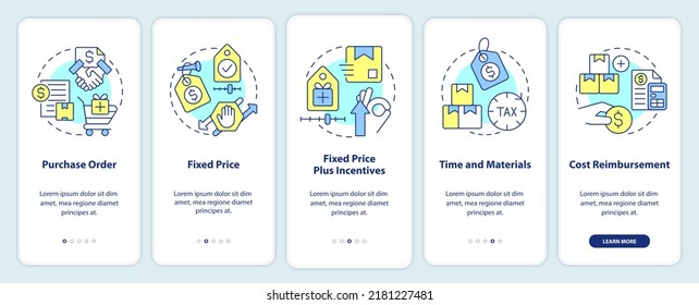 Types Of Contracts Onboarding Mobile App Screen. Purchase Order Walkthrough 5 Steps Editable Graphic Instructions With Linear Concepts. UI, UX, GUI Template. Myriad Pro-Bold, Regular Fonts Used