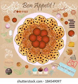 Types of cookies and other vintage icons.