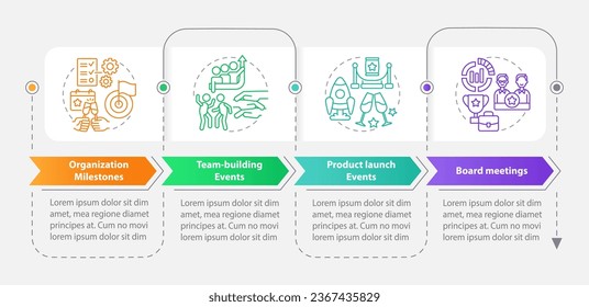 Types of corporate events rectangle infographic template. Company. Data visualization with 4 steps. Editable timeline info chart. Workflow layout with line icons. Myriad Pro-Bold, Regular fonts used