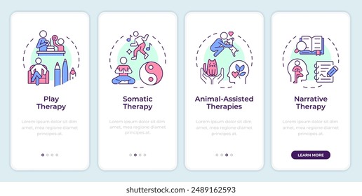 Types of counseling approaches onboarding mobile app screen. Walkthrough 4 steps editable graphic instructions with linear concepts. UI, UX, GUI template