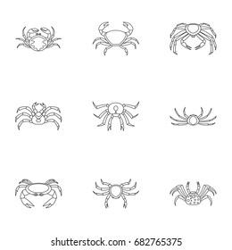 Types of crab icons set. Outline set of 9 types of crab vector icons for web isolated on white background