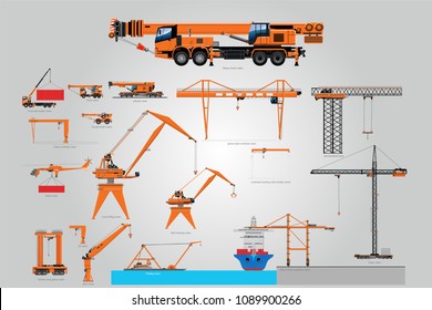 Types of the crane. Loading machines. the largest set of lifting equipment. A large set of isolated different cranes. A set of cranes from different industries.