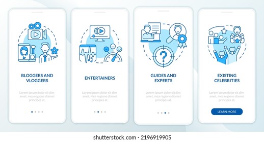 Types of creators blue onboarding mobile app screen. Content makers walkthrough 4 steps editable graphic instructions with linear concepts. UI, UX, GUI template. Myriad Pro-Bold, Regular fonts used