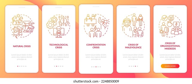 Tipos de pantalla de aplicaciones móviles con degradado rojo de crisis. Recorrido de riesgos empresariales: 5 pasos de instrucciones gráficas con conceptos lineales. UI, UX, plantilla GUI. Multitud de tipos de letra Pro-Bold, con uso regular