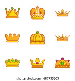 Types of crown icons set. Flat set of 9 types of crown vector icons for web isolated on white background