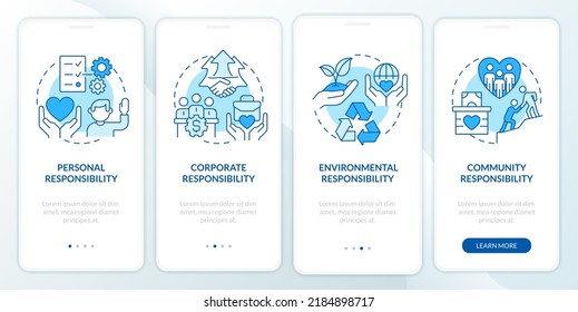 Types of CSR blue onboarding mobile app screen. Personal responsibility walkthrough 4 steps editable graphic instruction with linear concepts. UI, UX, GUI template. Myriad Pro-Bold, Regular fonts used