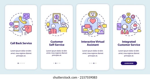Types of customer service onboarding mobile app screen. Walkthrough 4 steps graphic instructions pages with linear concepts. UI, UX, GUI template. Myriad Pro-Bold, Regular fonts used