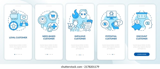 Types of customers blue onboarding mobile app screen. Business clients walkthrough 5 steps editable graphic instructions with linear concepts. UI, UX, GUI template. Myriad Pro-Bold, Regular fonts used