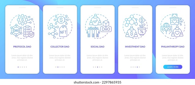 Types of DAOs blue gradient onboarding mobile app screen. Internet industry walkthrough 5 steps graphic instructions with linear concepts. UI, UX, GUI template. Myriad Pro-Bold, Regular fonts used